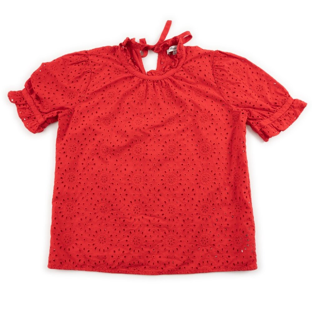 MADEWELL red Embroidered Eyelet Ruffle-Neck Keyhole Top size XS